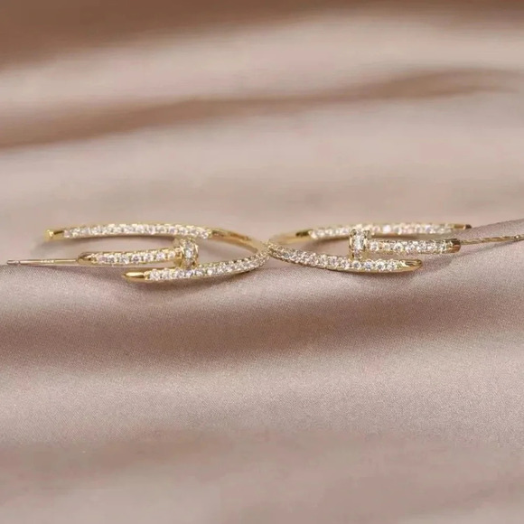 Gold Nail Crystals Hoop Earrings - Picture 4 of 6